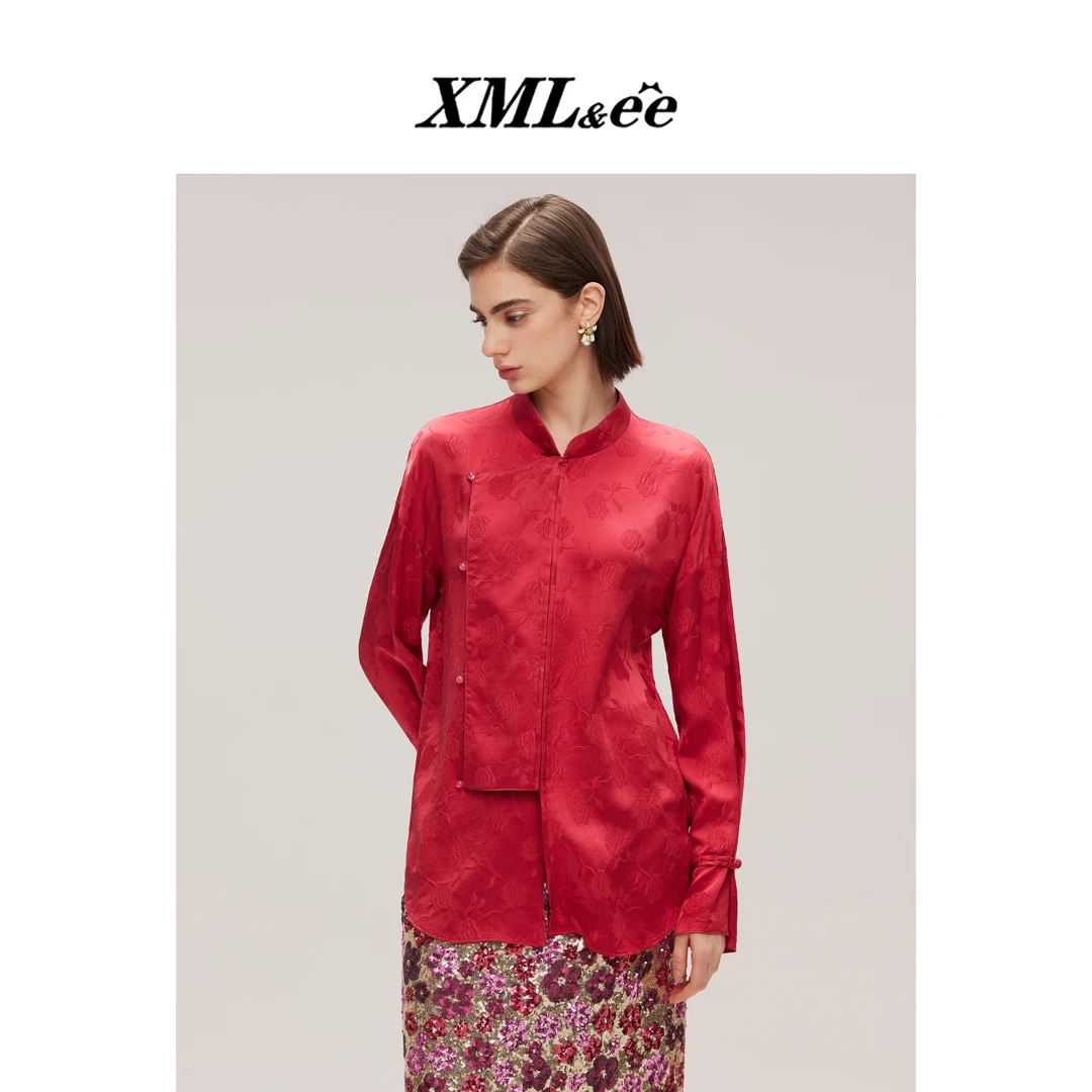 XMLee艾米尔 红色刺绣印花100%桑蚕丝新中式长袖衬衫 X511C6243