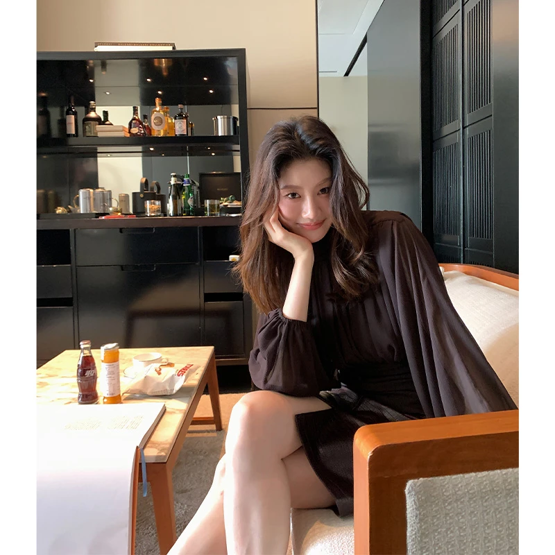 【ALONE SAVOR】龍喜儿撩人姐姐 轻熟风抽褶收腰衬衫网纱长袖Z795