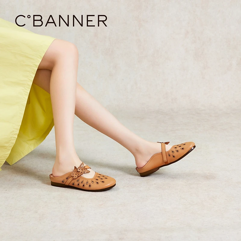 千百度平底拖鞋女春季百搭新款镂空蝴蝶结包头拖穆勒复古女鞋