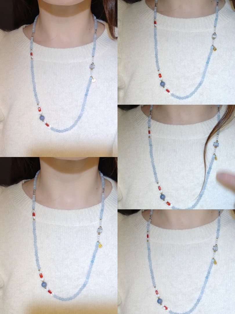 天然水晶海蓝宝项链毛衣链锁骨链原创设计DIY多圈手链