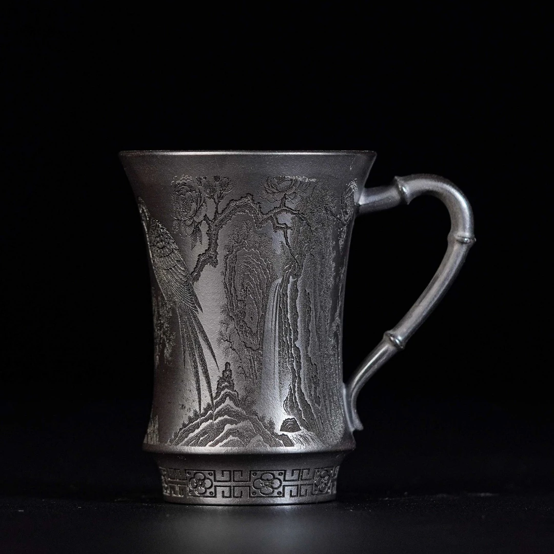 A级石黄 幽山翠鸟 手把杯 宜兴原矿紫砂全手工紫砂杯