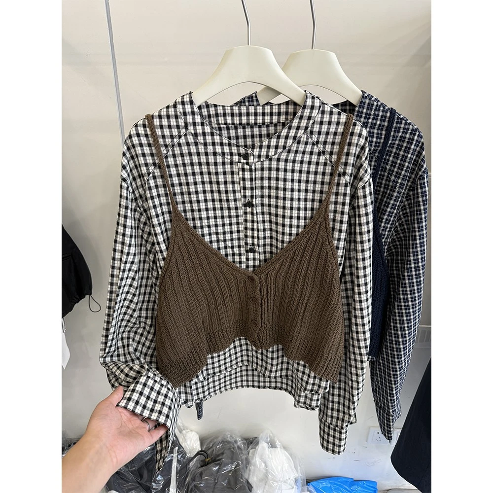 2025秋季新款韩系时尚百搭显瘦格子长袖衬衫配针织背心两件套上衣