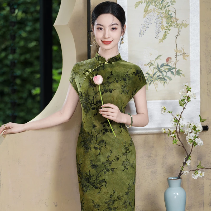芋泥泥旗袍 青黛 优雅新中式绿色日常月牙袖时尚