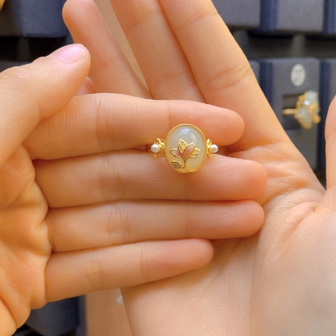 和田玉戒指银S925镀金镶嵌