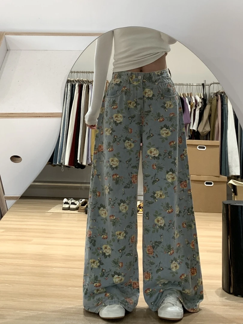 微胖mm美式设计感高腰印花牛仔裤女夏季新款遮胯显瘦拖地阔腿长裤