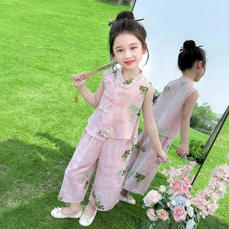 女童国风套装大童童装夏季新款洋气汉服两件套棉绸复古旗袍套装