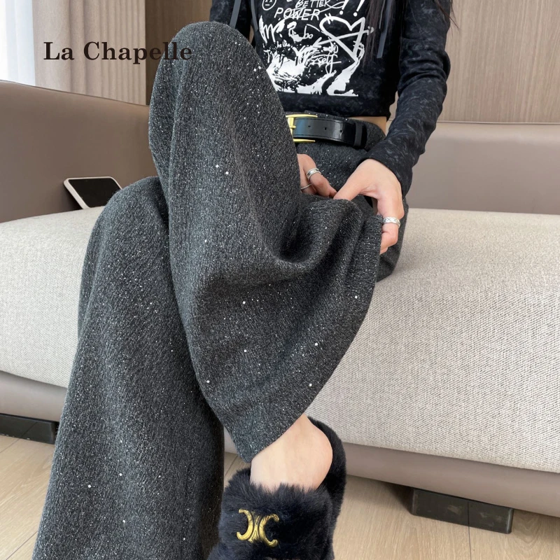 拉夏贝尔韩版设计感亮闪闪加绒休闲裤女高腰显瘦直筒垂感阔腿裤冬