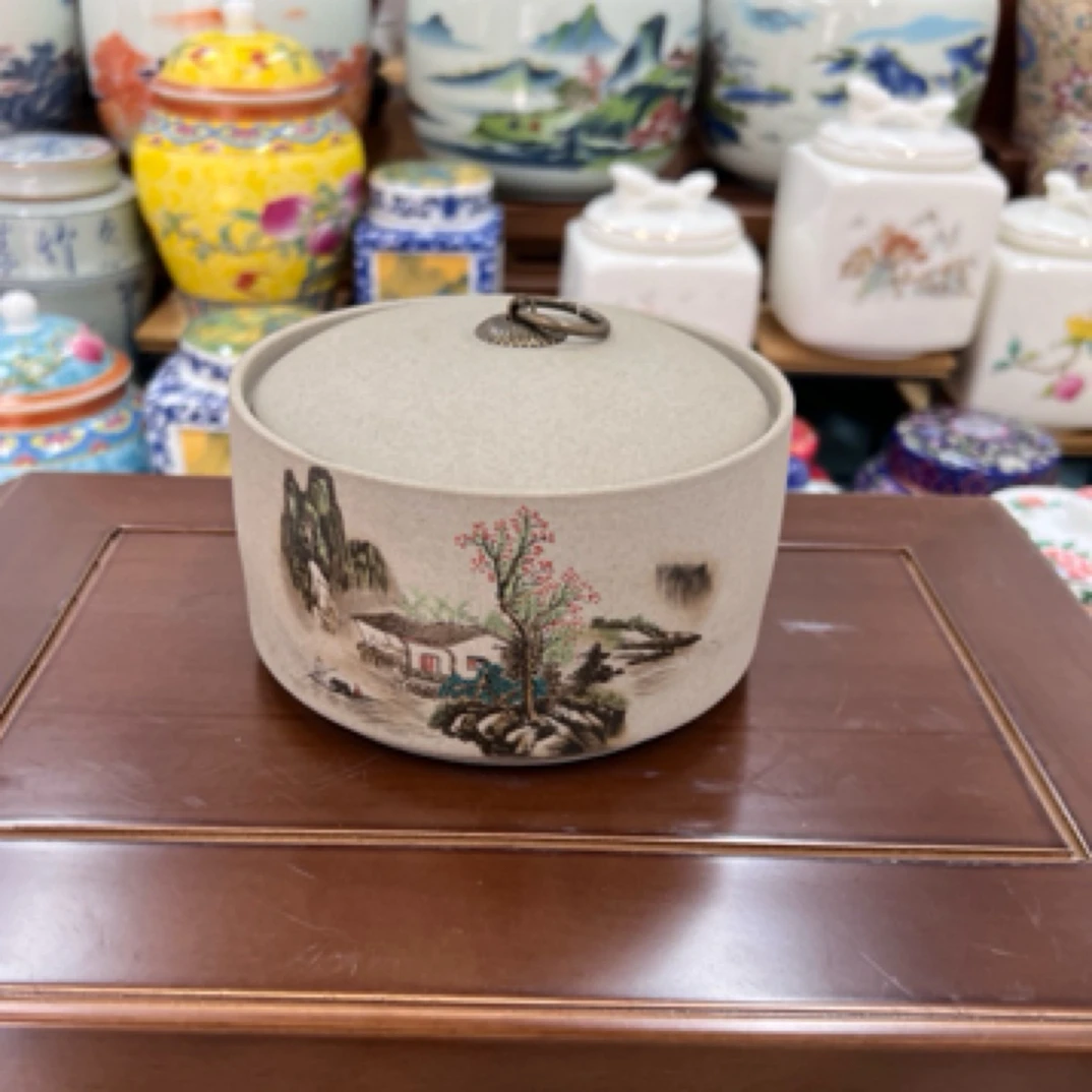 粗陶水墨山水中式复古陶瓷茶叶罐密封罐储物罐一罐多用