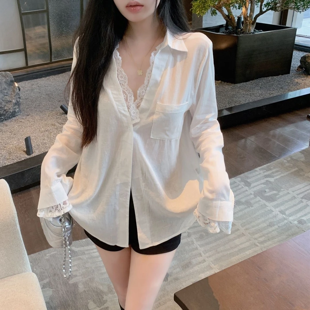 假两件白色衬衫女夏季高级感别致绝美上衣中长款蕾丝防晒衬衣