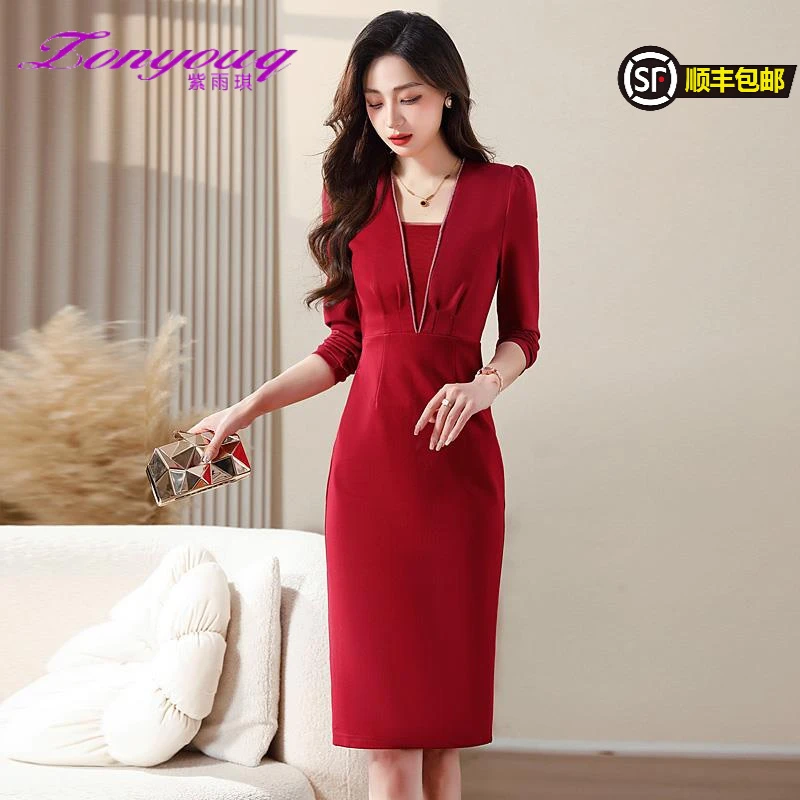紫雨琪红色连衣裙女气质宴会婚宴装御姐名媛富家千金高级感穿搭春