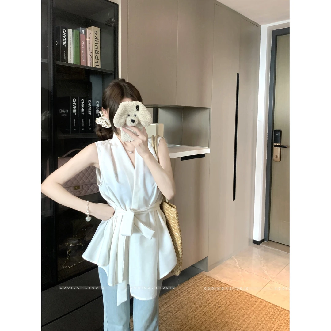 时尚轻奢感不规则绑带V领无袖衬衫女气质简约百搭显瘦名媛风上衣