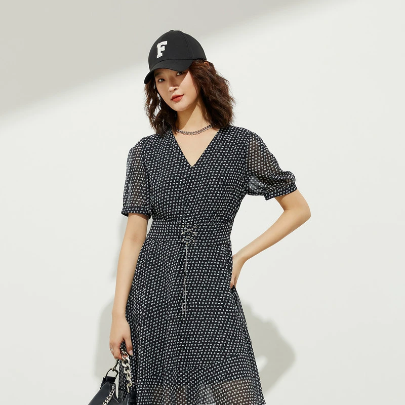 FF仿佛黑色波点连衣裙气质修身收腰显瘦FF01476