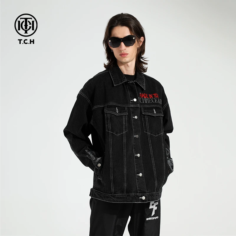 TCH轻奢烫钻工艺时尚简约设计黑牛仔潮牌女装T21106C3003私服tch