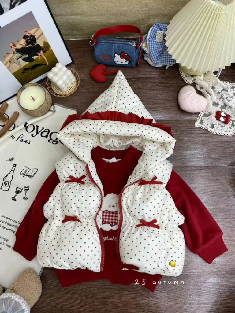 女童红色卡通一体绒卫衣夹棉马甲两件套（AN-0558-冬A）汉服