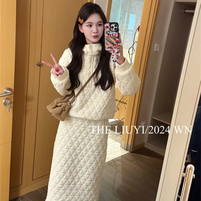 欧洲站棉服套装女菱格纹棉衣外套减龄穿搭一整套新款加厚半身裙潮
