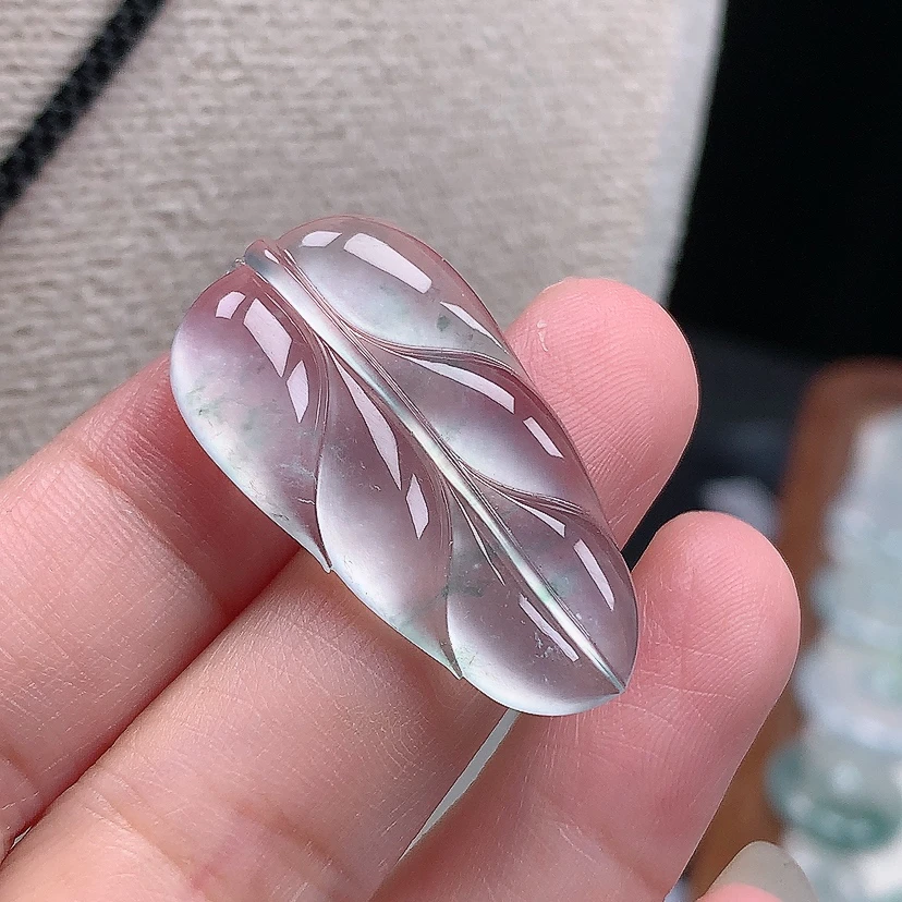 缅甸天然翡翠A货玉石高冰飘花玻璃叶子镶嵌件吊坠32.5*18.1*4.4mm