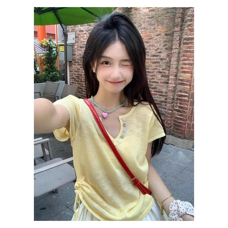 薄款针织衫女夏季2025年新款V领修身抽绳收腰短袖T恤短款冰丝上衣