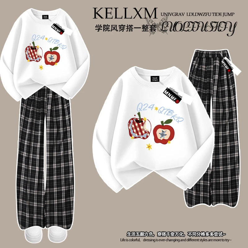 秋季女童纯棉长袖t恤格子裤套装卡通水果印花中大童休闲百搭上衣