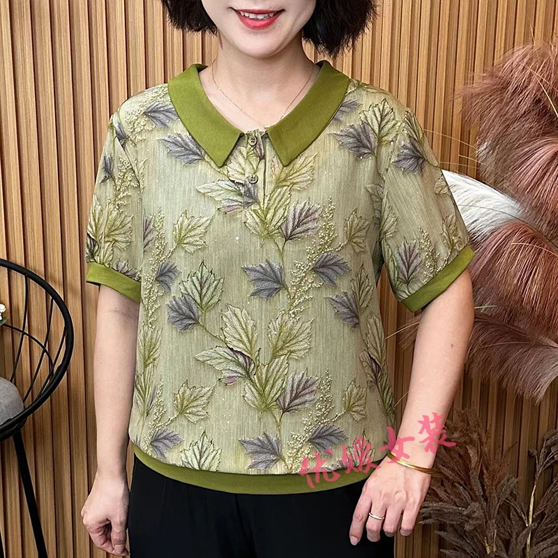 中老年女装夏季翻领植物印花薄款休闲宽松显瘦洋气妈妈装短袖上衣