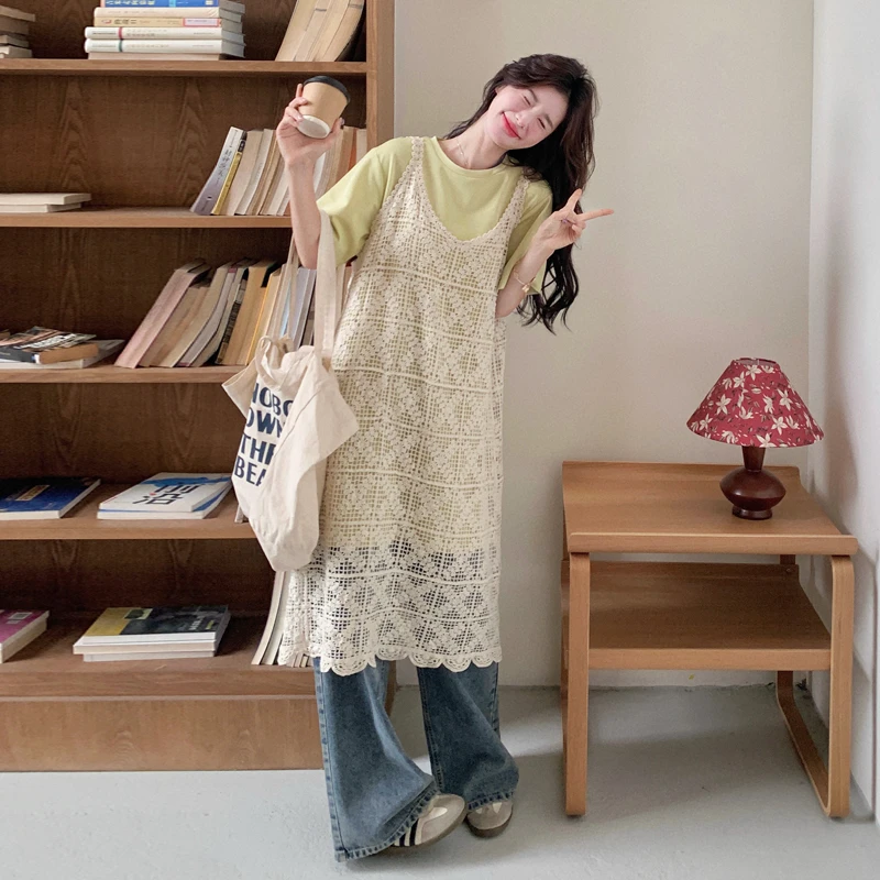 镂空罩衫背心连衣裙女夏季2025新款慵懒风减龄休闲T恤裙两件套装