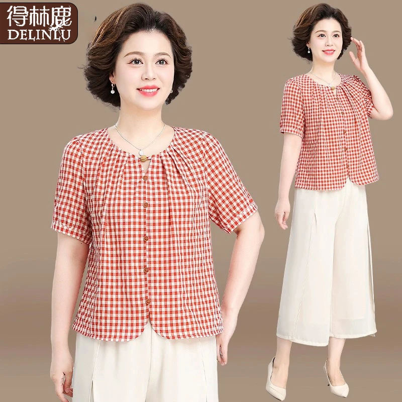 妈妈夏装套装休闲小衫2025新款中老年女装夏季短袖上衣两件套