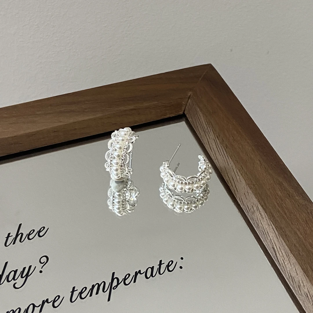 铜合金仿珍珠耳饰 银针 芭蕾风 C圈半圆高级感简约耳钉E4288