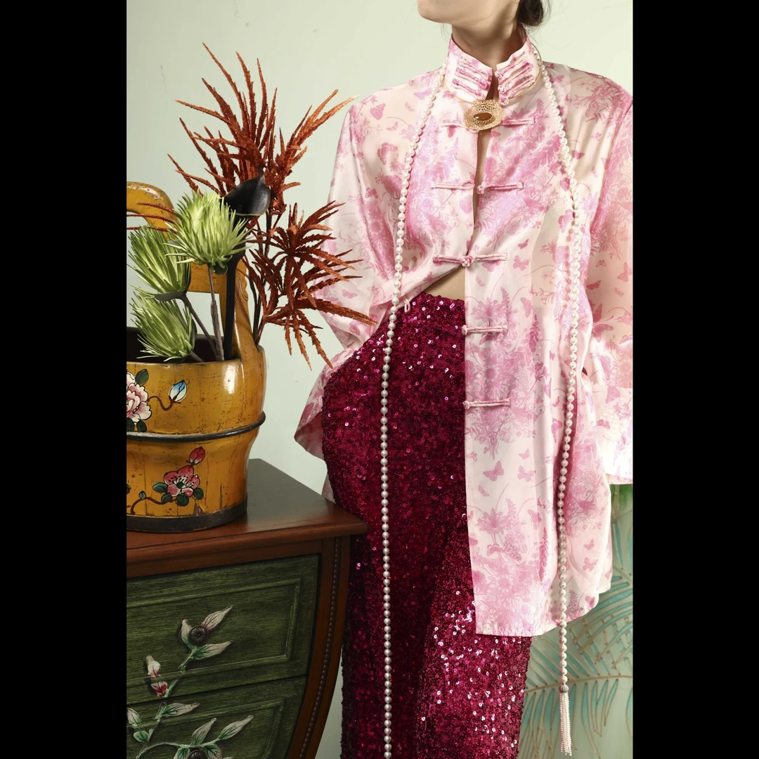 【蝶舞】XM轻奢新中式樱花粉长袖国风盘扣立领时尚女士休闲宽松上衣