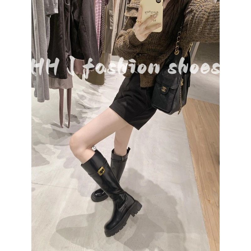 真皮版~真皮小个子厚底增高5cm骑士靴复古皮带扣长筒靴女高筒靴子