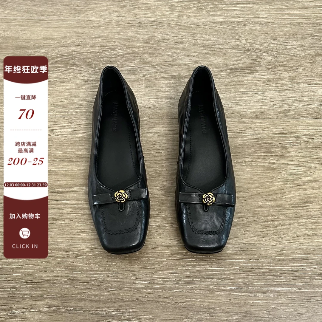 Dannyfrey复古方头低粗跟浅口女夏秋新款舒适山茶花蝴蝶结小皮鞋