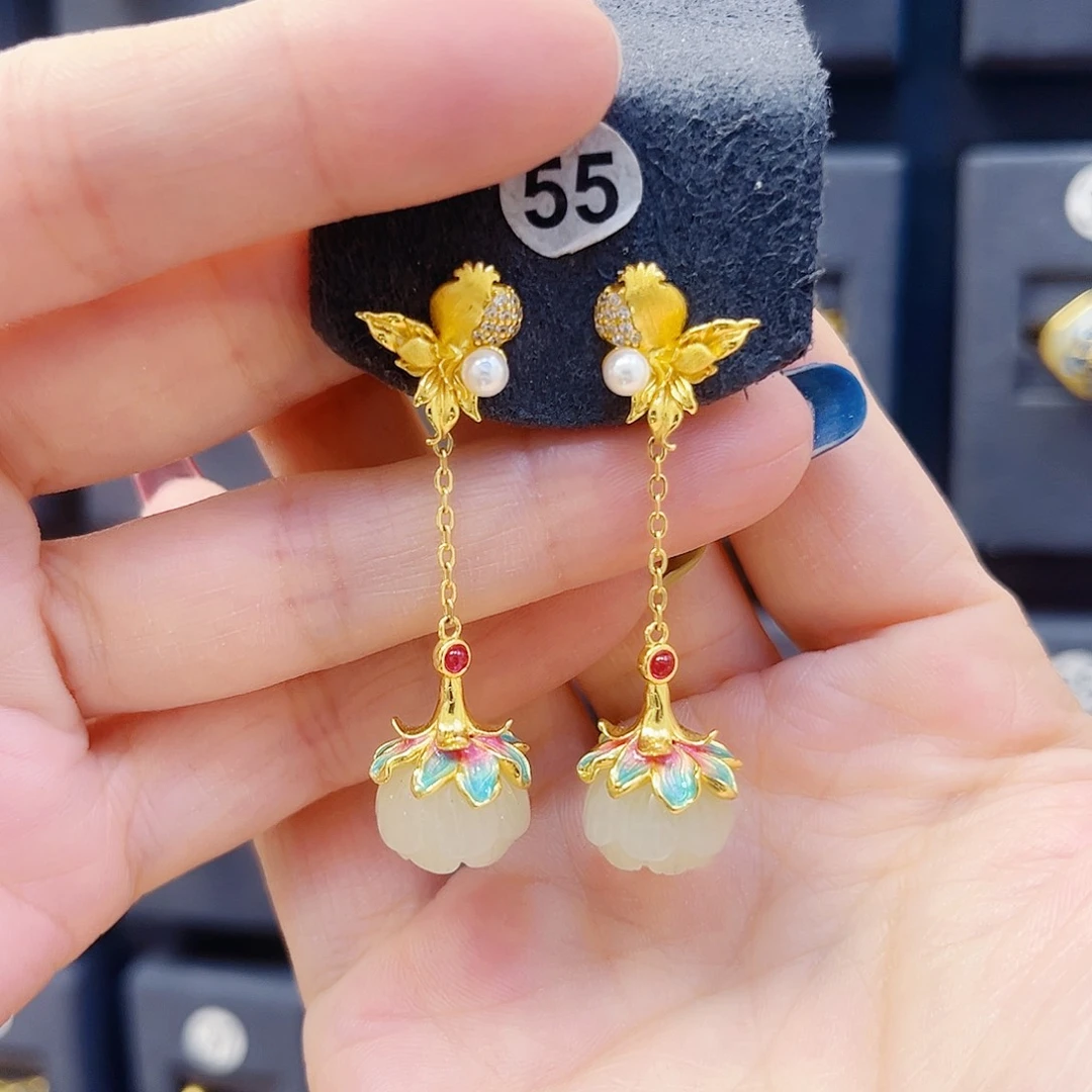 和田玉银S925镀金镶嵌耳饰