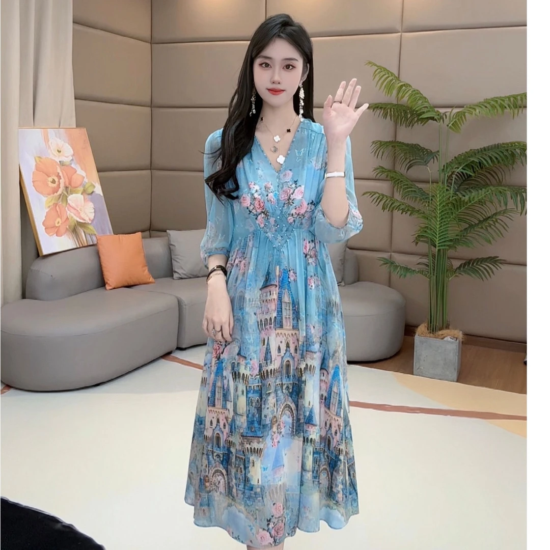 《马洛克女王真丝》“蓝调幻堡”收腰气质显瘦真丝印花连衣裙80027