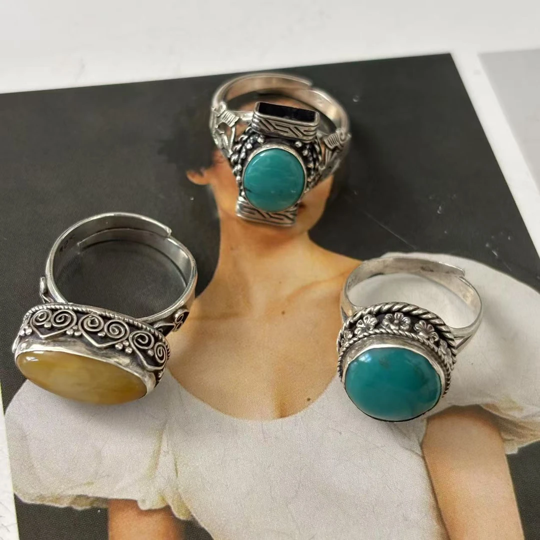 925银戒指 【松秀饰品】尼泊尔手工925银戒指 复古民族风