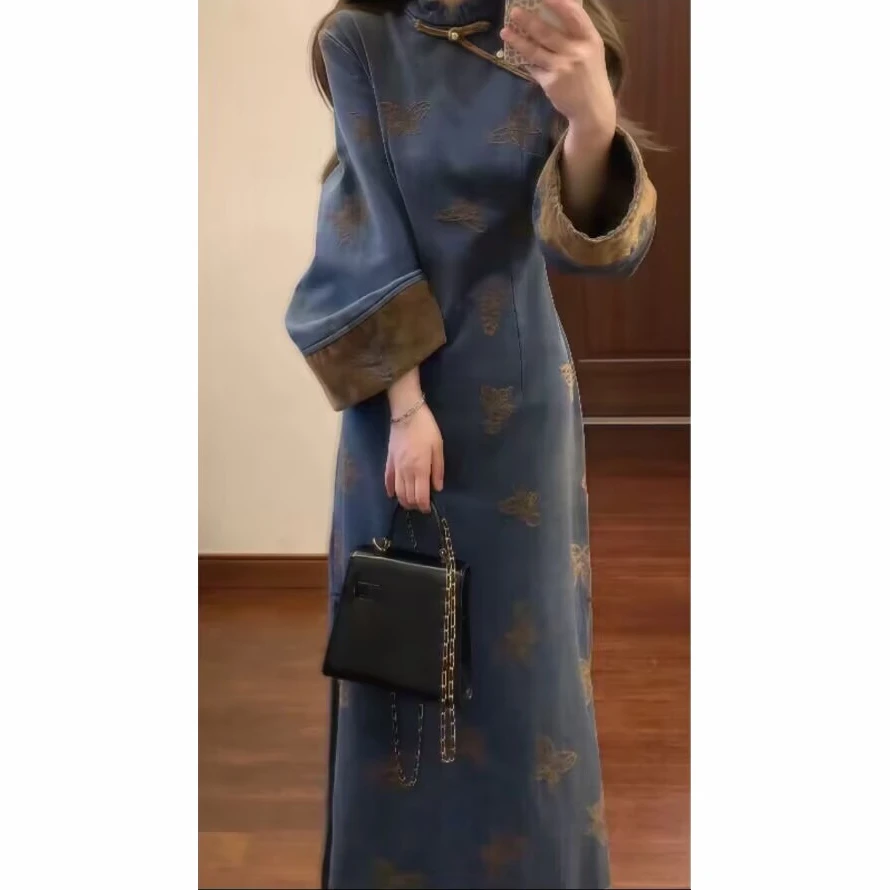 新中式国风女装复古高级感改良旗袍连衣裙冬时尚洋气百搭牛仔长裙