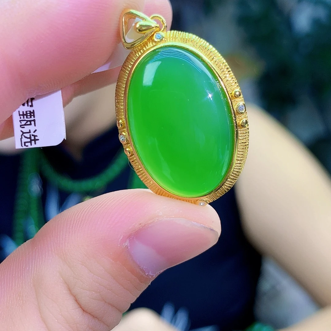 吊坠(不含链)银S925镶嵌和田玉（碧玉）苹果绿