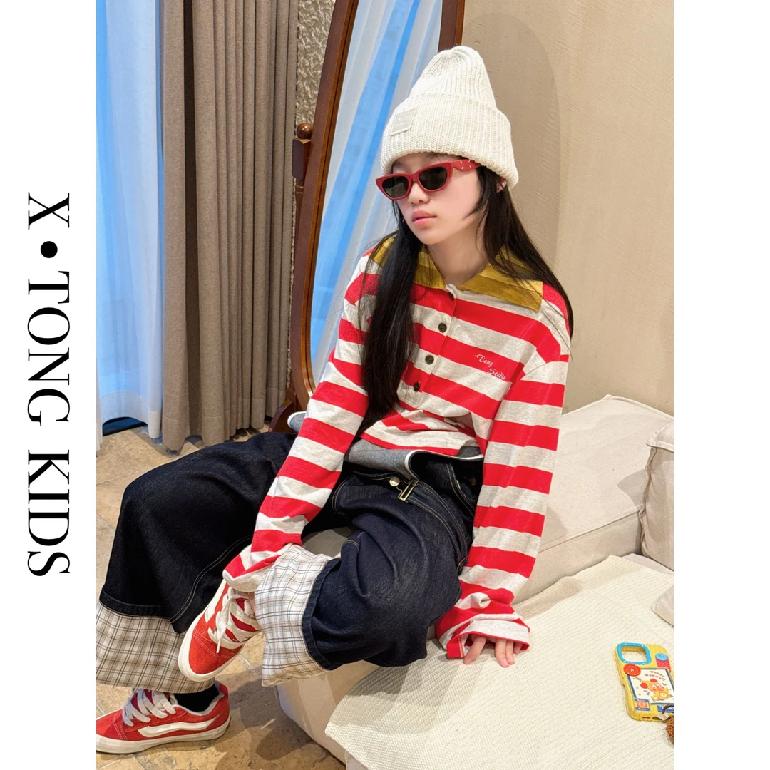 【X•TONG】设计款针织领宽条纹长袖polo衫 8089