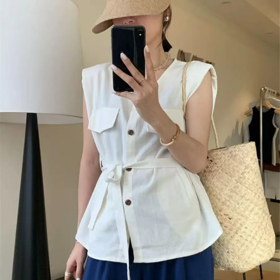 【东大门】无袖衬衫女上衣春夏季新款韩系时尚单排扣收腰衬衣系带