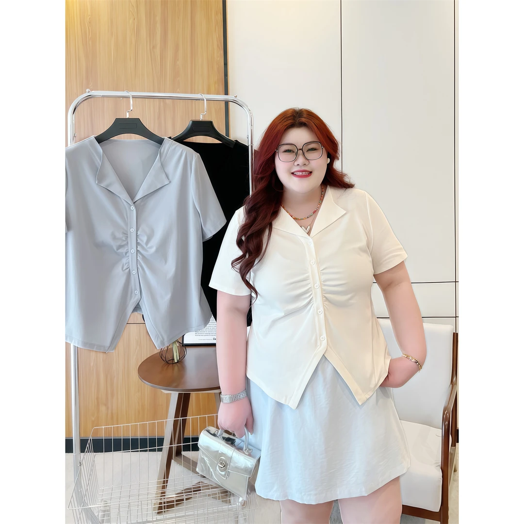 雾岛信箱/ 设计感V领chill短袖T 15082花契大码200斤胖mm宽松减龄