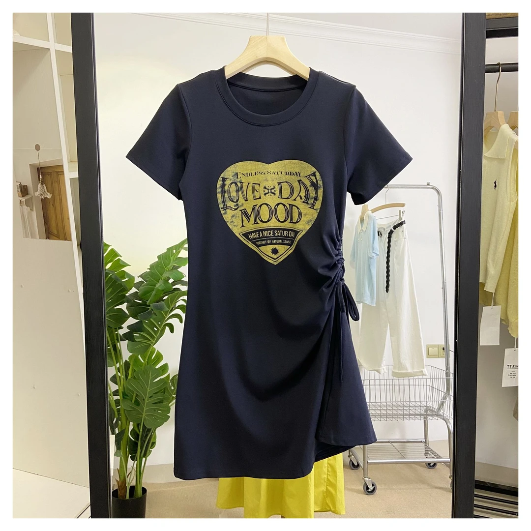 夏季新款时尚抽绳褶绉设计感连衣裙女高腰显瘦宽松休闲A字短短袖