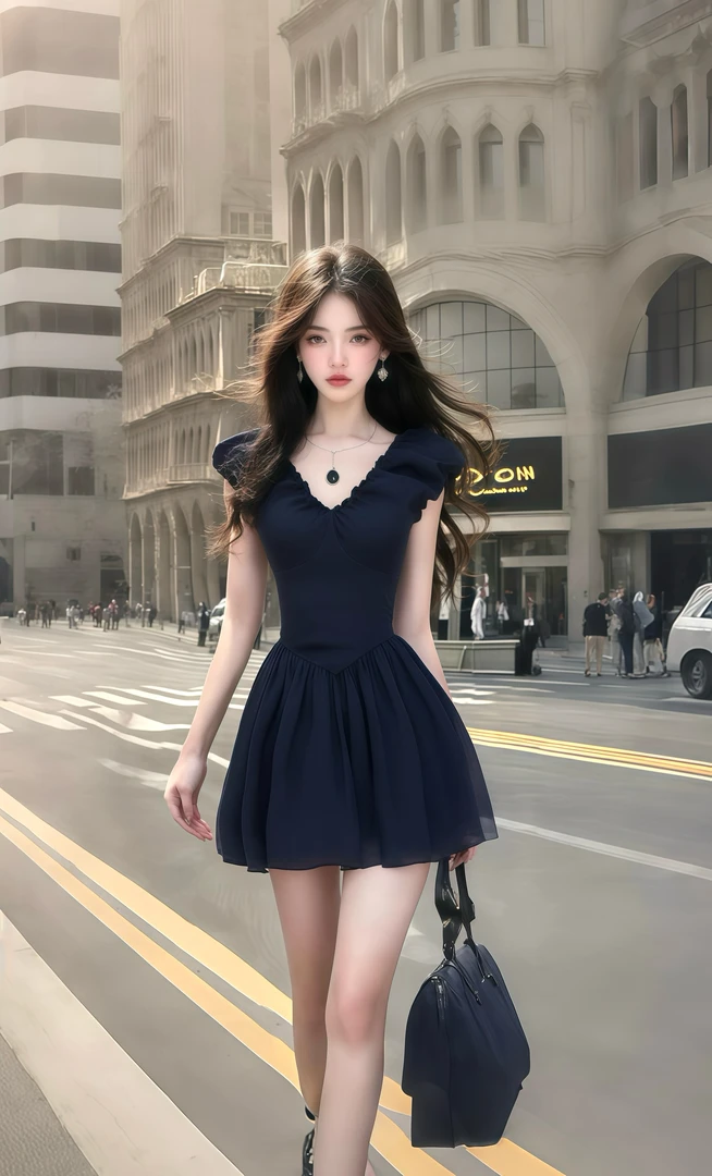 温柔知性风黑色V领收腰连衣裙女小众设计时尚高级显瘦氛围感穿搭