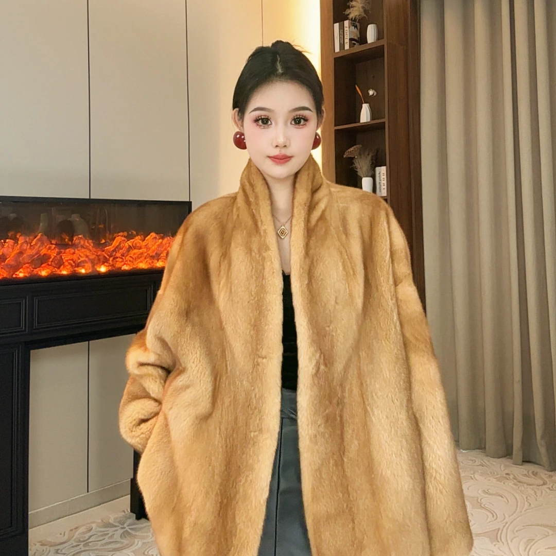 进口天鹅绒紫金短二小母貂皮大衣女中长款外套