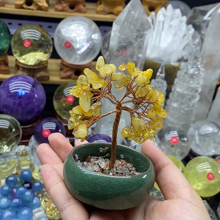 石材天然黄水晶发财树