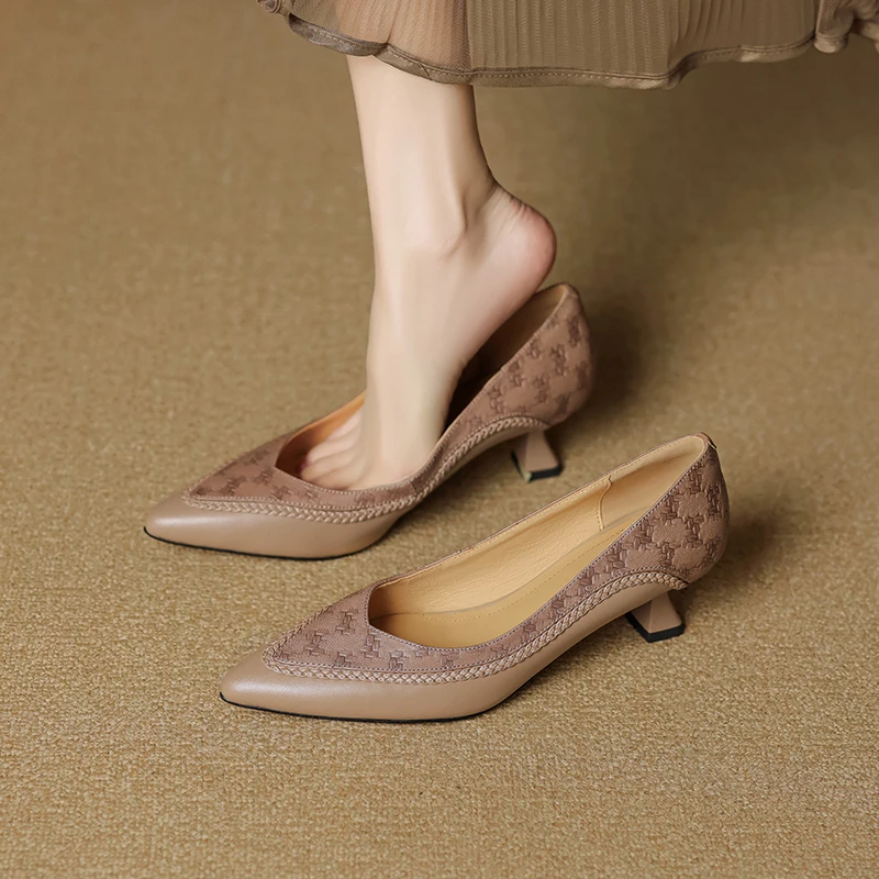 头层羊皮3.5/5cm～尖头法式中跟时尚气质复古百搭软底中跟浅口单鞋