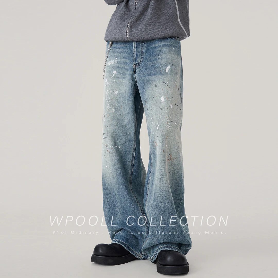 2025秋季美式高街微喇牛仔裤男水洗复古设计感拖地泼墨宽松裤子男