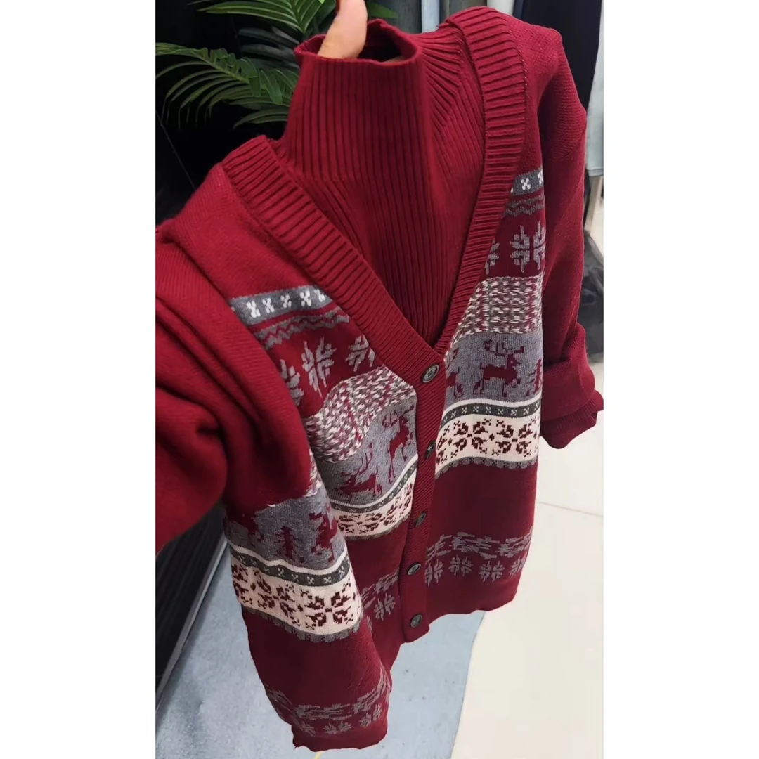 复古提花叠穿针织开衫马甲假两件秋冬款时尚洋气保暖内搭背心上衣