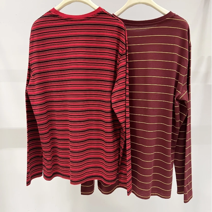 LL M家红黑条纹长袖T恤上衣纯棉宽松版 26384T