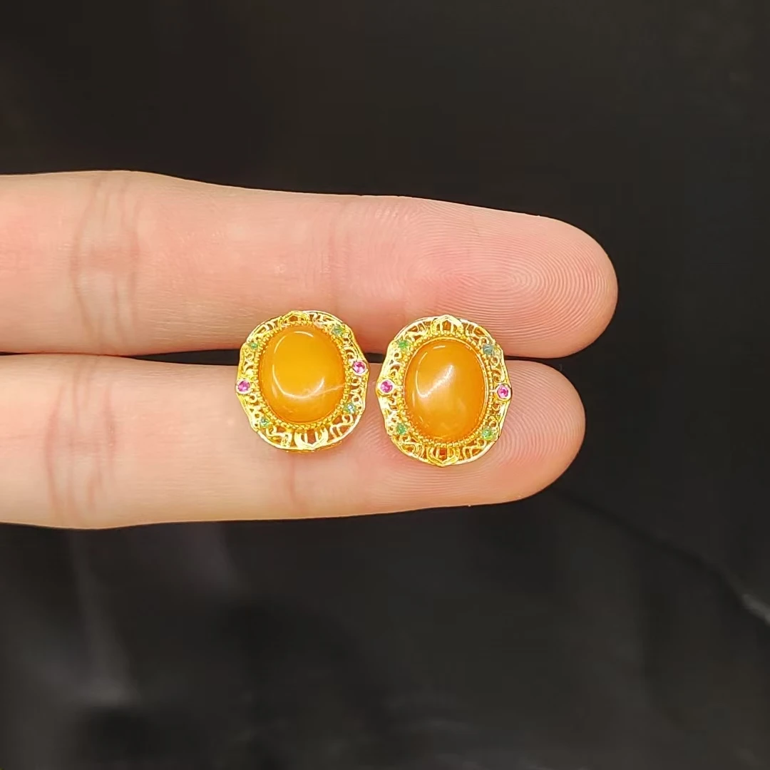 【老三珠宝】蜜蜡蛋面耳钉【多样性发一对】约9-7mm