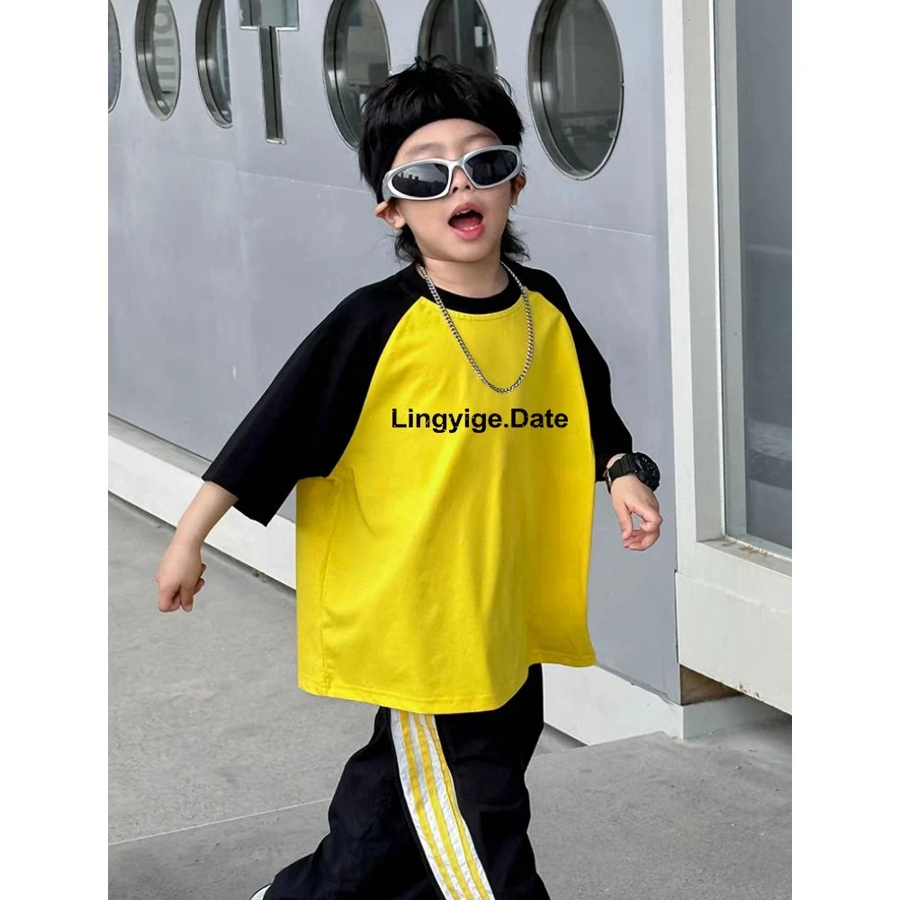 中大童韩版宽松炸街纯棉短袖T恤男童帅气酷帅撞色半袖衫打底上衣