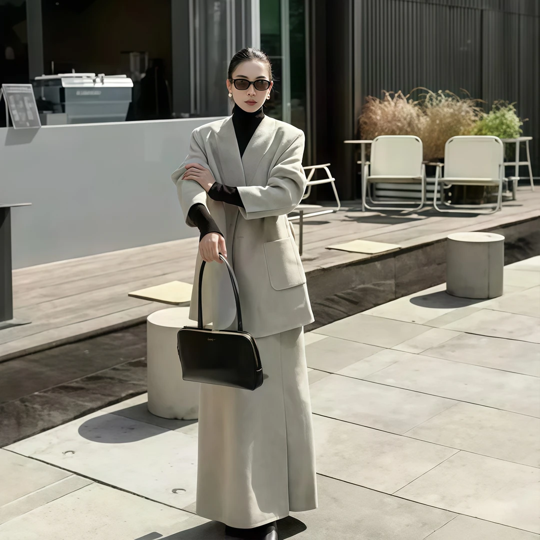 老钱风毛呢西装套装裙女秋冬高智感穿搭无领呢子外套半身裙两件套