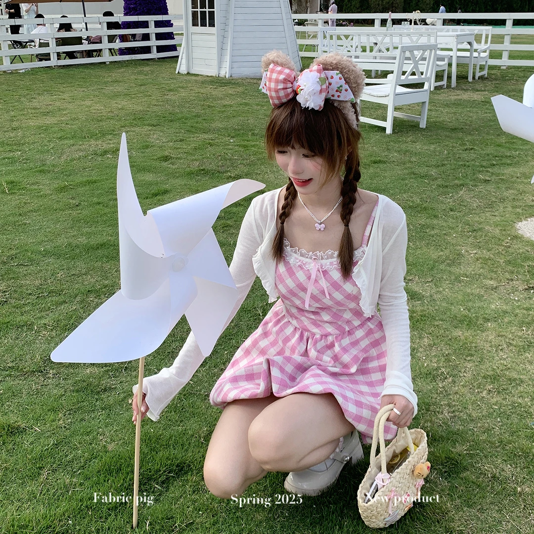 粉白梦境 织物猪原创 粉嫩少女格纹显瘦花苞吊带短裙修身百搭开衫