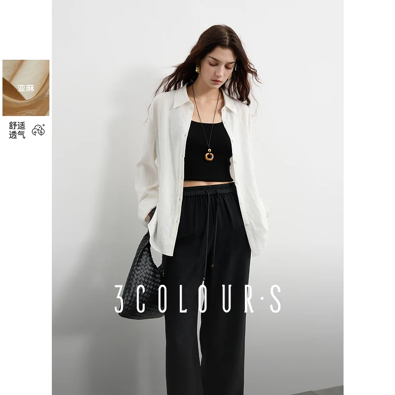 【小北专属】三彩2025春季新款亚麻白衬衫翻领宽松衬衣单排dbx